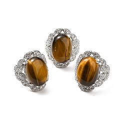 Tiger Eye Natural Tiger Eye Adjustable Rings, Platinum Tone Oval Brass Rings for Women, Cadmium Free & Lead Free, US Size 7 3/4(17.9mm), 3.5~5mm