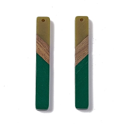 Dark Green Opaque Resin & Walnut Wood Big Pendants, Rectangle Charms, Dark Green, 52x7x3.5mm, Hole: 1.8mm