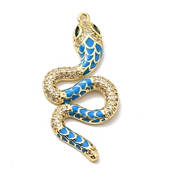 Dodger Blue Brass Micro Pave Clear Cubic Zirconia Pendants, with Enamel, Cadmium Free & Lead Free, Golden, Snake, Dodger Blue, 36.5x17x3.5mm, Hole: 1.2mm