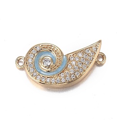 Real 18K Gold Plated Brass Micro Clear Cubic Zirconia Links, with Enamel, Long-Lasting Plated, Spiral Shell, Light Sky Blue, Real 18K Gold Plated, 22.6x12x3.5mm, Hole: 1.5mm
