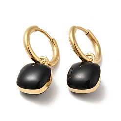 Black Enamel Square Padlock Dangle Hoop Earrings, Golden 304 Stainless Steel Jewelry for Women, Black, 24mm, Pin: 1mm