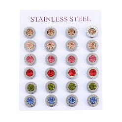 Mixed Color 304 Stainless Steel Stud Earrings, with Rhinestone, Flat Round with Roman Numerals, Mixed Color, 9x3.5mm, Pin: 0.8mm, 12pairs/card