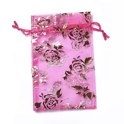 Fuchsia Organza Drawstring Jewelry Pouches, Wedding Party Gift Bags, Rectangle with Gold Stamping Rose Pattern, Fuchsia, 15x10x0.11cm