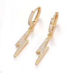 Golden Brass Leverback Earrings, Flash Earrings, with Cubic Zirconia, Lightning Bolt, Clear, Golden, 40mm, Pin: 1mm