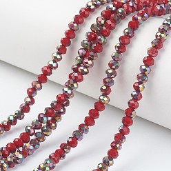 Dark Red Electroplate Opaque Glass Beads Strands, Half Rose Gold Plated, Faceted, Rondelle, Dark Red, 8x6mm, Hole: 1mm, about 65~68pcs/strand, 15.7~16.1 inch(40~41cm)