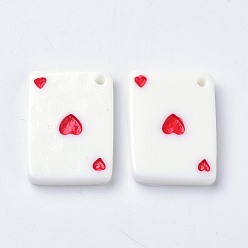 Rouge Pendentif en résine, forme de carte à jouer avec coeur, rouge, 21~22x15.5~16.5x2.4~3.5mm, Trou: 1.6mm