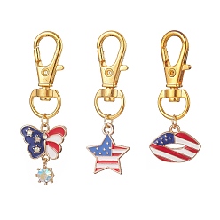 Golden Independence Day Alloy Enamel Pendant Decorations, Butterfly Star Lip Pendant Ornament with Crystal Rhinestone, Golden, 46~53mm, Pendant: 13.5~21x15.5~18x1.5~4mm