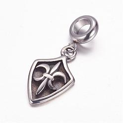 Antique Silver 304 Stainless Steel European Dangle Charms, Large Hole Pendants, Shield, Antique Silver, 33mm, Hole: 5mm, Pendant: 22x13x3mm