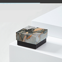 Black Cardboard Jewelry Set Box, with Sponge inside, Square with Marble Pattern, Black, 5.1x5.1x3.3cm
