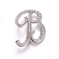 Platinum Alloy Brooches, with Rhinestone, Letter, Letter.B, Platinum, 43x34x4mm, Pin: 1mm
