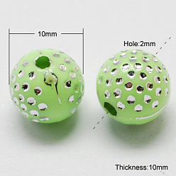 Pale Green Plating Acrylic Beads, Metal Enlaced, Round, Pale Green, 10x10mm, Hole: 2mm, 1000pcs/500g