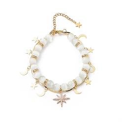 Doré  Bracelet multi-rangs en perles rondes et chaîne à maillons en laiton œil de chat, bracelet double couche avec breloques étoile et lune en zircone cubique claire pour femme, or, 7-3/4 pouce (19.6 cm)
