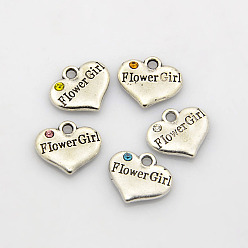 Mixed Color Wedding Party Supply Antique Silver Alloy Rhinestone Heart Carved Word Flower Girl Wedding Family Charms, Cadmium Free & Lead Free, Mixed Color, 13.5x16x3mm, Hole: 2.5mm