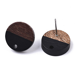 Black Resin & Walnut Wood Stud Earring Findings, with 304 Stainless Steel Pin, Flat Round, Black, 15mm, Hole: 1.8mm, Pin: 0.7mm