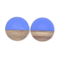Royal Blue Resin & Walnut Wood Pendants, Flat Round, Royal Blue, 38~39x4mm, Hole: 1.8mm