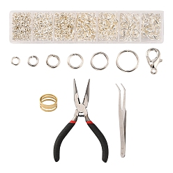 Silver DIY Jewelry Making Finding Kit, Including Brass Jump Rings & Open Jump Rings, Zinc Alloy Lobster Claw Clasps, Tweezers, Pliers, Silver, 1182Pcs/bag