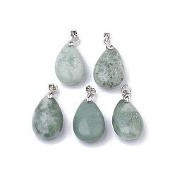 Jade Natural Jade Pendants, with Platinum Tone Brass Findings, teardrop, 23.5x15x8mm, Hole: 4x4mm