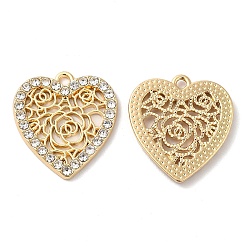 Golden Alloy Rhinestone Pendants, Cadmium Free & Nickel Free & Lead Free, Heart with Flower Charms, Golden, 21x19.5x2mm, Hole: 1.6mm
