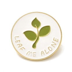 White Alloy Enamel Brooches, Enamel Pin, Flat Round with Leaf & Leaf Me Alone Pattern, White, 30x10mm