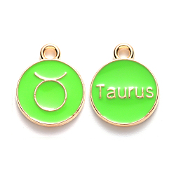Taurus Alloy Enamel Pendants, Cadmium Free & Lead Free, Flat Round with Constellation, Light Gold, Pale Green, Taurus, 22x18x2mm, Hole: 1.5mm