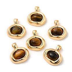 Real 18K Gold Plated Natural Tiger Eye Pendants, Brass Oval Charms, Real 18K Gold Plated, 21x19x6mm, Hole: 4.5x3mm