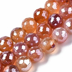 Dark Salmon Natural Agate Beads Strands, Pearl Luster Plated, Faceted, Round, Dark Salmon, 12mm, Hole: 1.6mm, about 30~33pcs/strand, 13.70~15.75 inch(34.8~40cm)