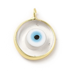 Clear Handmade Evil Eye Lampwork Pendants, with Rack Plating Brass Findings, Long-Lasting Plated, Flat Round, Clear, 18~19x15~16x4mm, Hole: 2mm