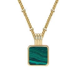Malachite SHEGRACE Brass Pendant Necklaces, with Synthetic Malachite and Cable Chains, Square, Real 18K Gold Plated, 16.54 inch(42cm)