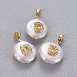 Letter D Natural Cultured Freshwater Pearl Pendants, with Brass Micro Pave Cubic Zirconia Findings, Nuggets with Letter, Long-Lasting Plated, Golden, Clear, Letter.D, 17~27x12~16x6~12mm, Hole: 4x2.5mm
