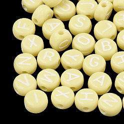 Champagne Yellow Opaque Acrylic Beads, Horizontal Hole, Mixed Letters, Flat Round with Letter, Random Letters, Champagne Yellow, 7x4mm, Hole: 1.5mm, about 3700pcs/500g