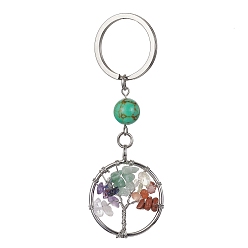 Mixed Stone Natural Mixed Stone & Synthetic Turquoise Chips Flat Round with Tree of Life Kcychain, with 304 Stainless Steel Findings, 8cm