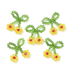 Yellow Glass Beaded Pendants, with Copper Wire, Bowknot with Flower Charms, Yellow, 25~27x25~28x5~5.5mm, Hole: 5.5x7.5mm