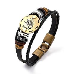 Scorpio Braided Leather Cord Retro Multi-strand Bracelets, with Wood Beads, Hematite Beads and Alloy Findings, Flat Round,  Antique Bronze, Scorpio, 8-1/4 inch(21cm)