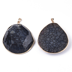 Black Natural Crackle Agate Big Pendants, with Light Gold Plated Brass Edge & Pinch Bails, Dyed & Heated, Oval, Faceted, Black, 61~62x54~55x12~14mm, Hole: 4x7mm