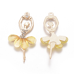 Champagne Yellow Alloy Big Pendants, with Resin & Crystal Rhinestone, Faceted, Ballerina, Golden, Champagne Yellow, 59~60x30~31x4.5mm, Hole: 2.5mm