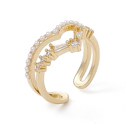 Настоящее золото 18K Прозрачная корона из кубического циркония, открытое кольцо-манжета с пластиковой жемчужной бусиной, стеллаж для латунных украшений для женщин, без кадмия и без свинца, реальный 18 k позолоченный, внутренний диаметр: 17.2 мм