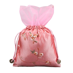 Pink Bolsas de flores con bordado de seda, bolsa con cordón, Rectángulo, rosa, 25x16 cm