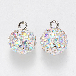 Crystal AB Polymer Clay Rhinestone Charms, with Platinum Plated Iron Loop, Round, Pave Disco Ball, Crystal AB, PP16(2.2~2.3mm), 15x12mm, Hole: 2mm
