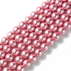 Rose Nacré Brins de perles rondes en verre teinté écologique, Grade a, cordon en coton fileté, perle rose, 12mm, Trou: 0.7~1.1mm, Environ 34 pcs/chapelet, 15 pouce
