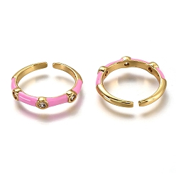 Бледно-Розовый Латунные кольца из манжеты с прозрачным цирконием, открытые кольца, с эмалью, реальный 18 k позолоченный, долговечный, розовый жемчуг, размер США 7 1/4 (17.5 мм)