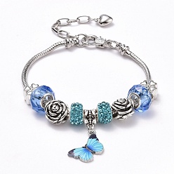 Bleu Ciel Laiton bracelets européens, avec perles strass argile polymère , perles de verre et d'alliage, pendentifs en alliage imprimés, papillon, bleu ciel, 8-1/8 pouce (20.5 cm), 2.5mm