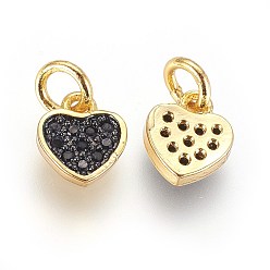 Gunmetal & Golden Brass Micro Pave Cubic Zirconia Charms, with Jump Ring, Heart, Black, Gunmetal & Golden, 8x7x2mm, Hole: 3mm