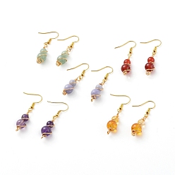 Mixed Stone Natural Gemstone Dangle Earrings, with Copper Wire and Golden Plated Brass Earring Hooks, Round, 43mm, Pin: 0.8mm