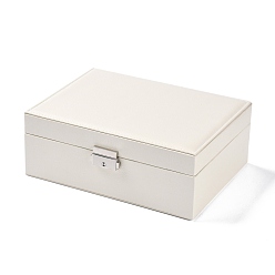 White PU Imitation Leather Jewelry Organizer Box with Lock, Double Stackable Jewelry Case for Earrings, Ring, and Necklace, Rectangle, White, 23x17.5x8.9cm
