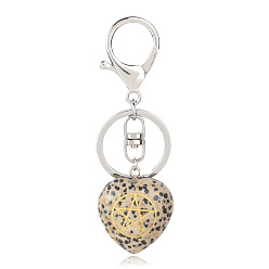 Jaspe Dalmate Porte-clés coeur de jaspe dalmatien naturel avec symbole kore, Porte-clés en pierre d'énergie reiki, pour sac, bijoux, décoration cadeau, 9.5x3 cm