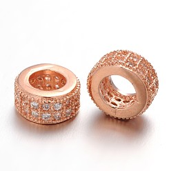 Or Rose Micro en laiton pavent des perles cubes de zircone, perles de rondelle avec grand trou , sans plomb et sans nickel, clair, or rose, 8.5x4mm, Trou: 4.5mm