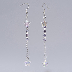 Lilac Glass Beaded Dangle Earrings, with Brass Earring Hooks and 316 Surgical Stainless Steel Curb Chains and Acrylic Beads, Star, Lilac, 95mm, Pin: 0.6mm