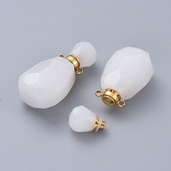 White Jade Faceted Natural White Jade Openable Perfume Bottle Pendants, with Golden Tone 304 Stainless Steel Findings, 36.5~37x18~18.5x13.5mm, Hole: 1.8mm, Bottle Capacity: 1ml(0.034 fl. oz)