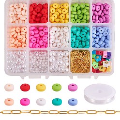 Mixed Color DIY Stretch Bracelets Making Kits, Flat Round & Round & Star 820Pcs Polymer Clay/ABS Plastic Beads, Brass Chains and Elastic Crystal Thread, Mixed Color, 6mm, Hole: 2mm