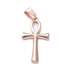 Rose Gold Ion Plating(IP) 304 Stainless Steel Pendants, Laser Cut, Ankh Cross, Rose Gold, 30x16x2mm, Hole: 4x7mm